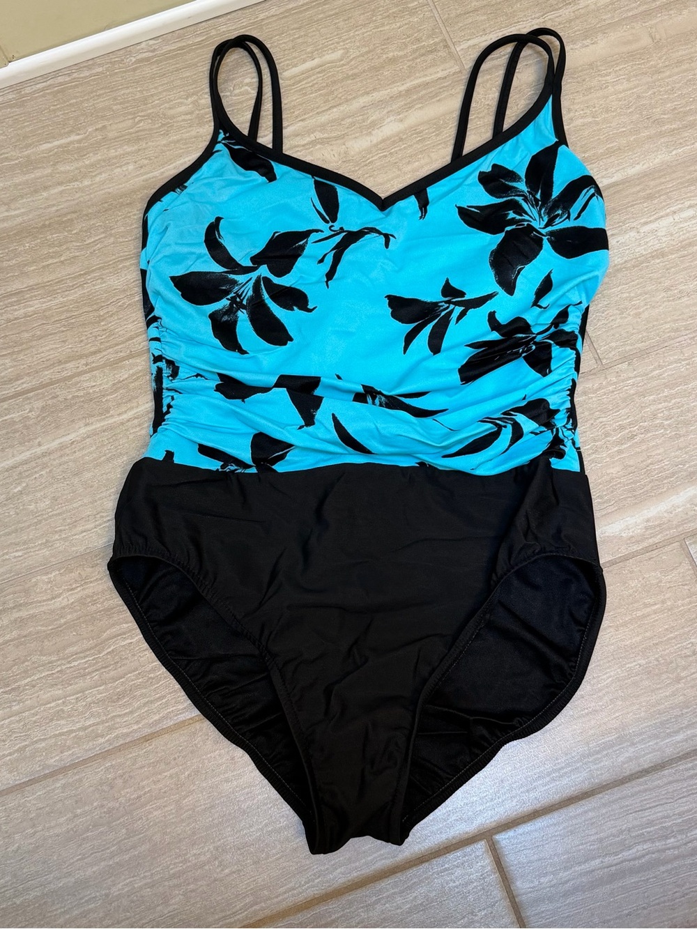 Tropical Escape Turquoise & Black Floral One-Piece Swimsuit Size 14